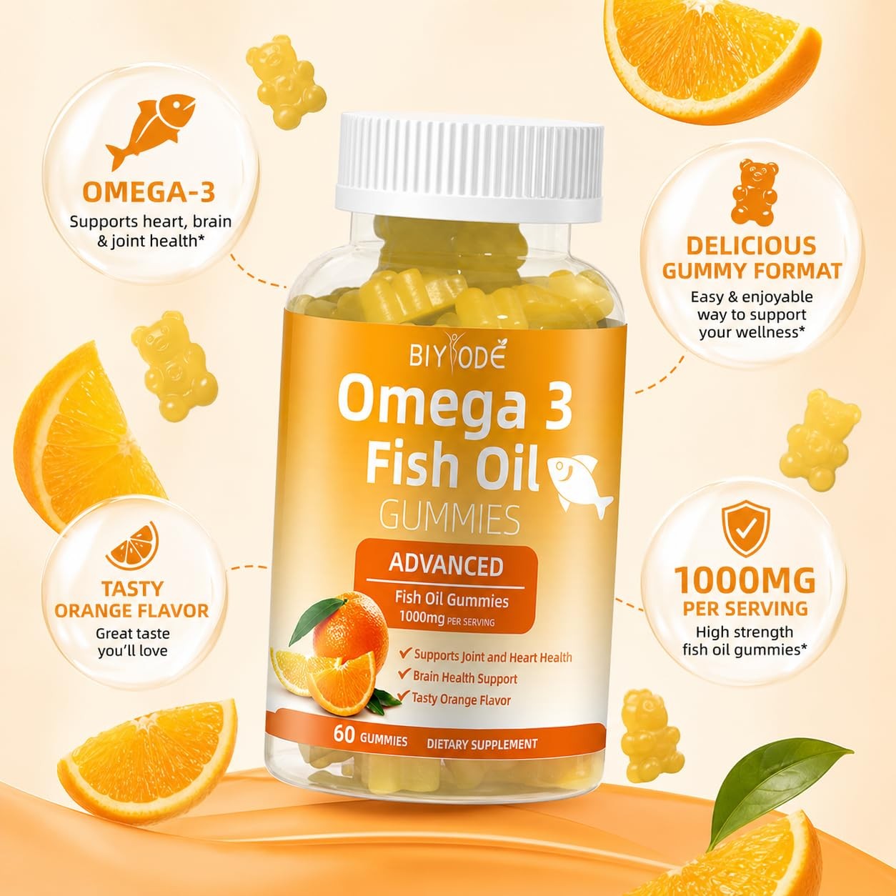 Omega-3 Fish Oil Supplements: Pure 1000mg 60 Count (Pack of 1), Orange