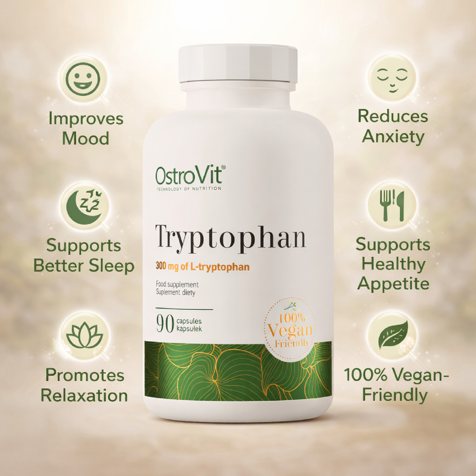 OSTROVIT TRYPTOPHAN – 90-180 VEGE Caps – healthy sleep immune system serotonin