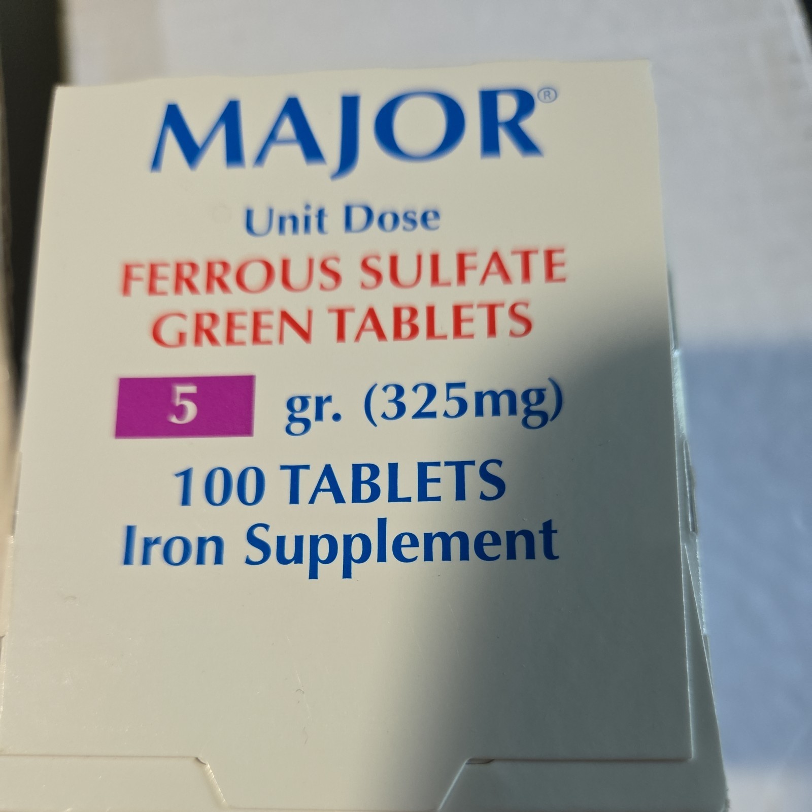 Major Ferrous Sulfate Green Iron Supplement 325mg 100 Tablets Exp. 8/27