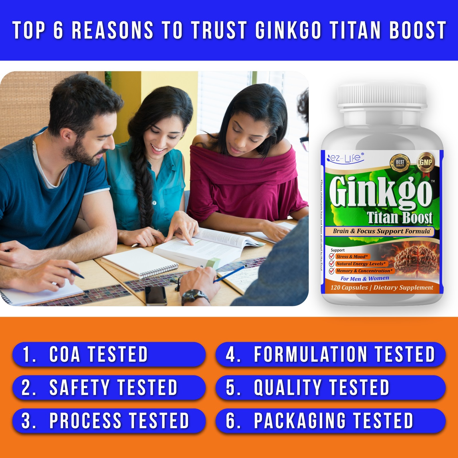 Ginkgo Biloba Ginseng- Brain Focus, Memory Herbal Energy Supplement- 60 Caps