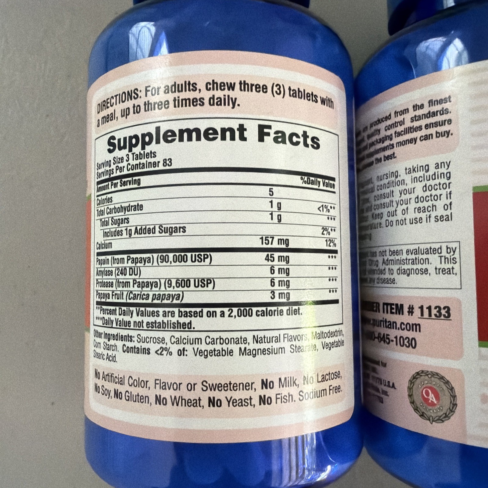 Puritan’s Pride Papaya Enzyme Digestive Support 250 Chewable (2 PACK) exp 10/26