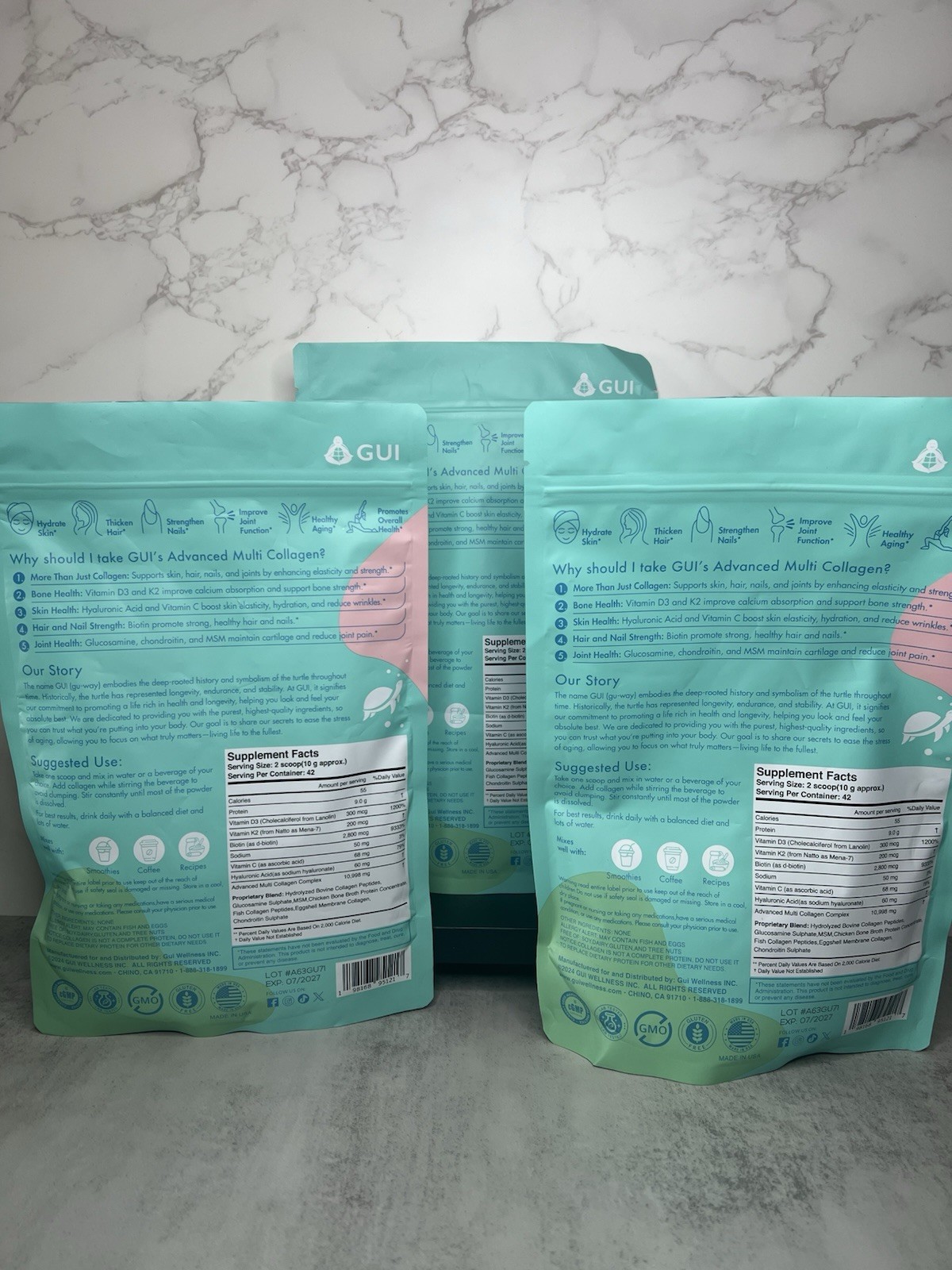 GUI Advanced Multi Collagen Peptides Powder Unflavored 1 lb 3pk Exp 07/2027