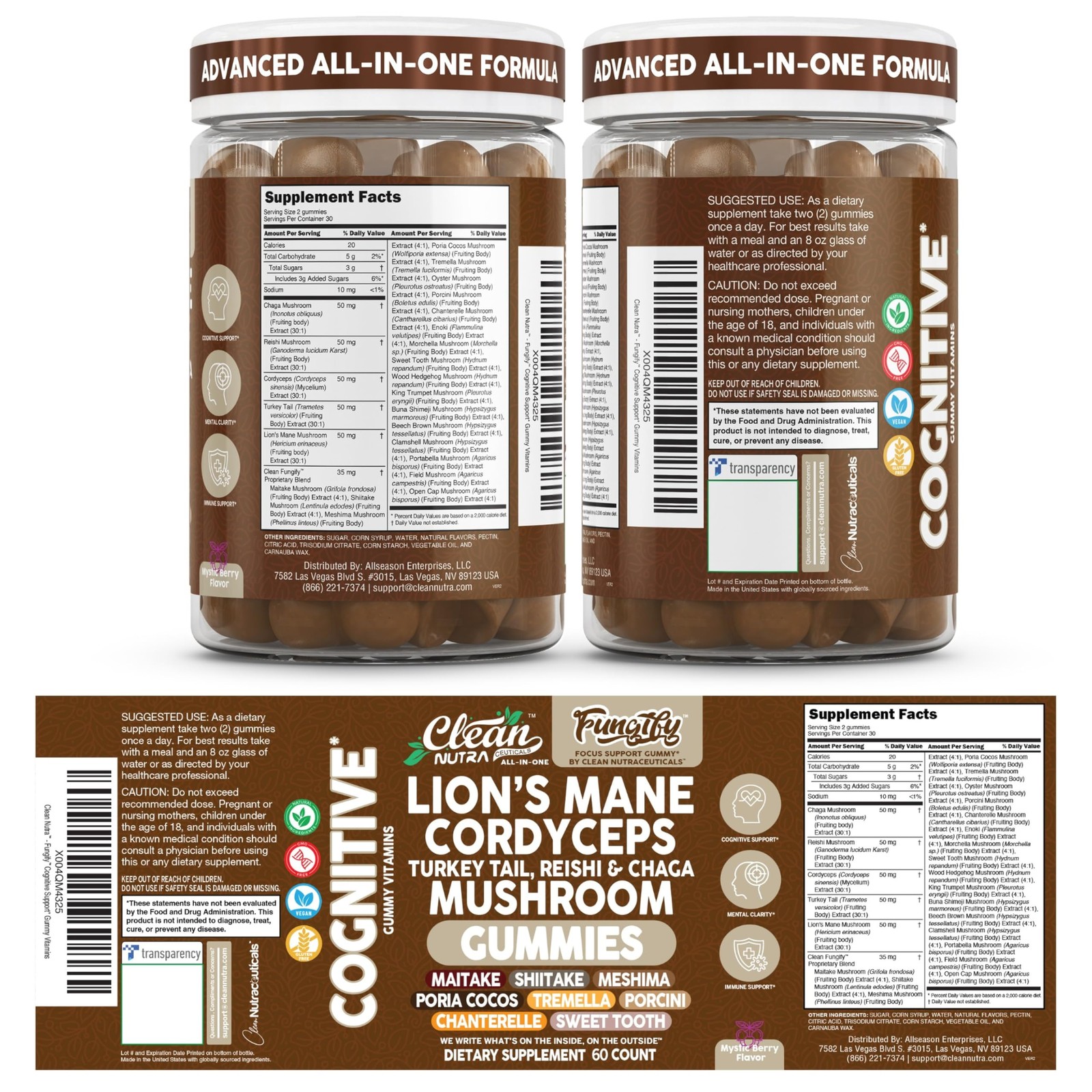 Clean Nutra Lions Mane Mushroom Gummies Cordyceps 60 Count (Pack of 1), Brown