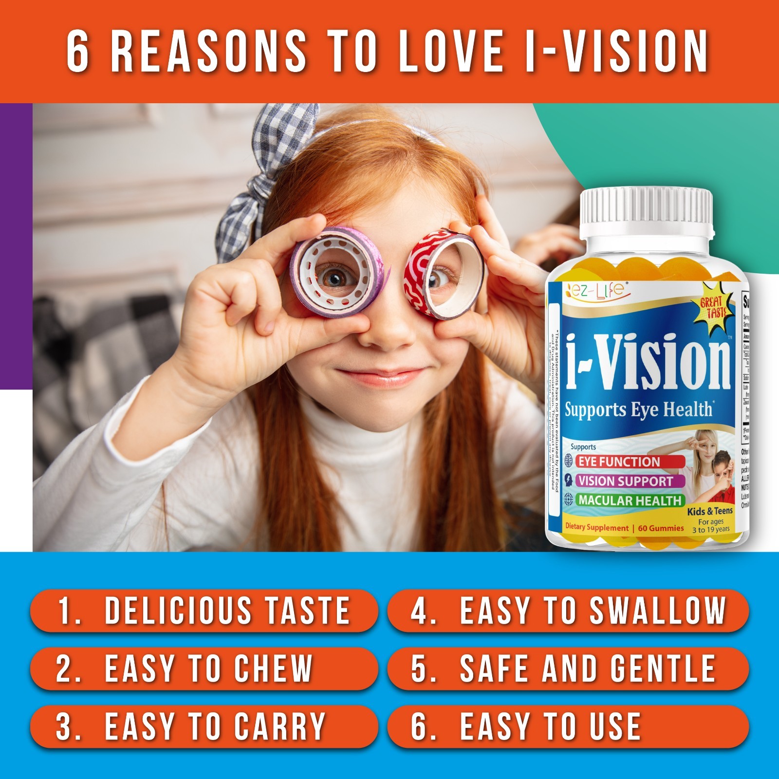Kids Vitamins for Eye Health, Supports Macular Health Vision Care Mango Flavor60