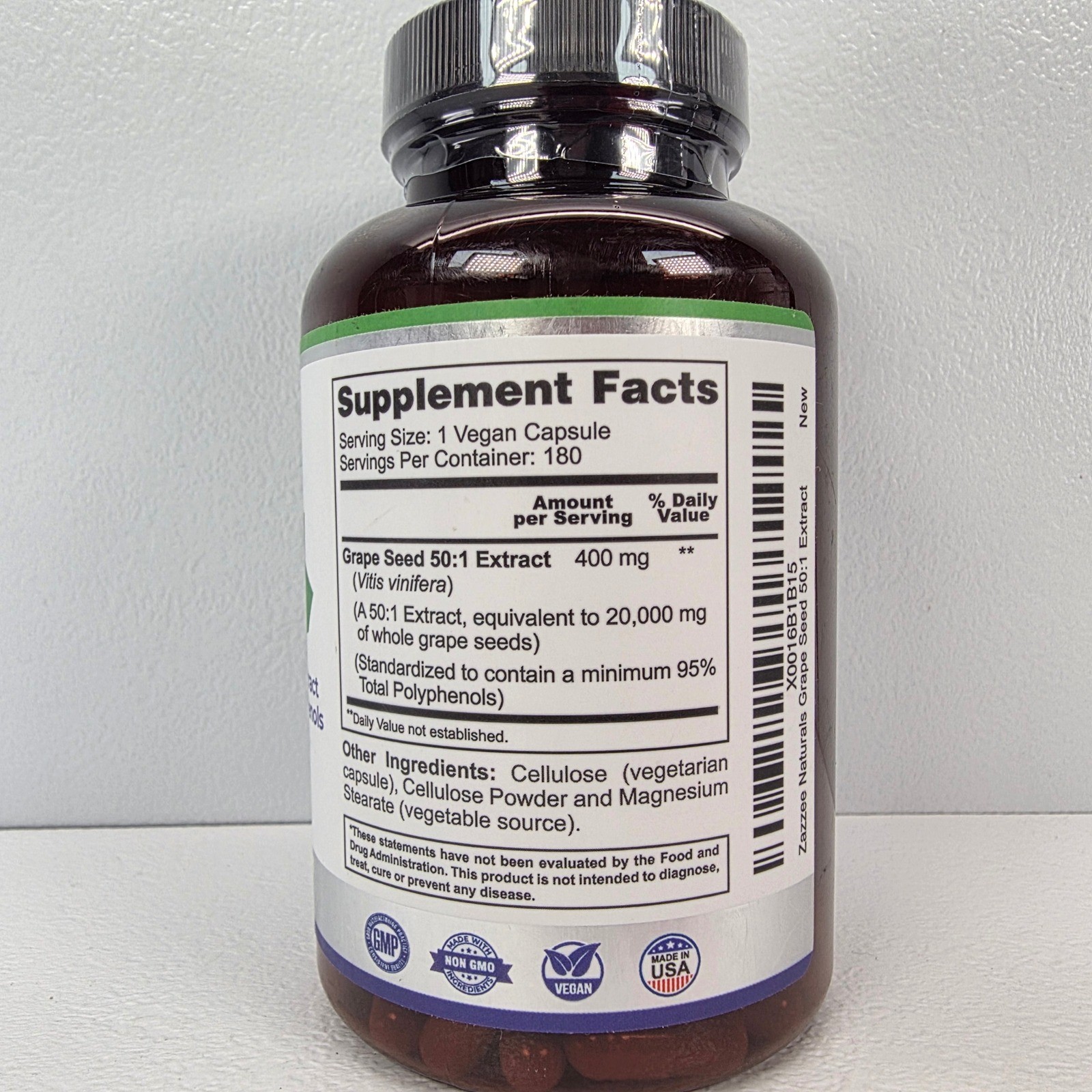 Zazzee Naturals Extra Strength Grape Seed Extract 400mg Vegan Caps 180 Ct 01/28