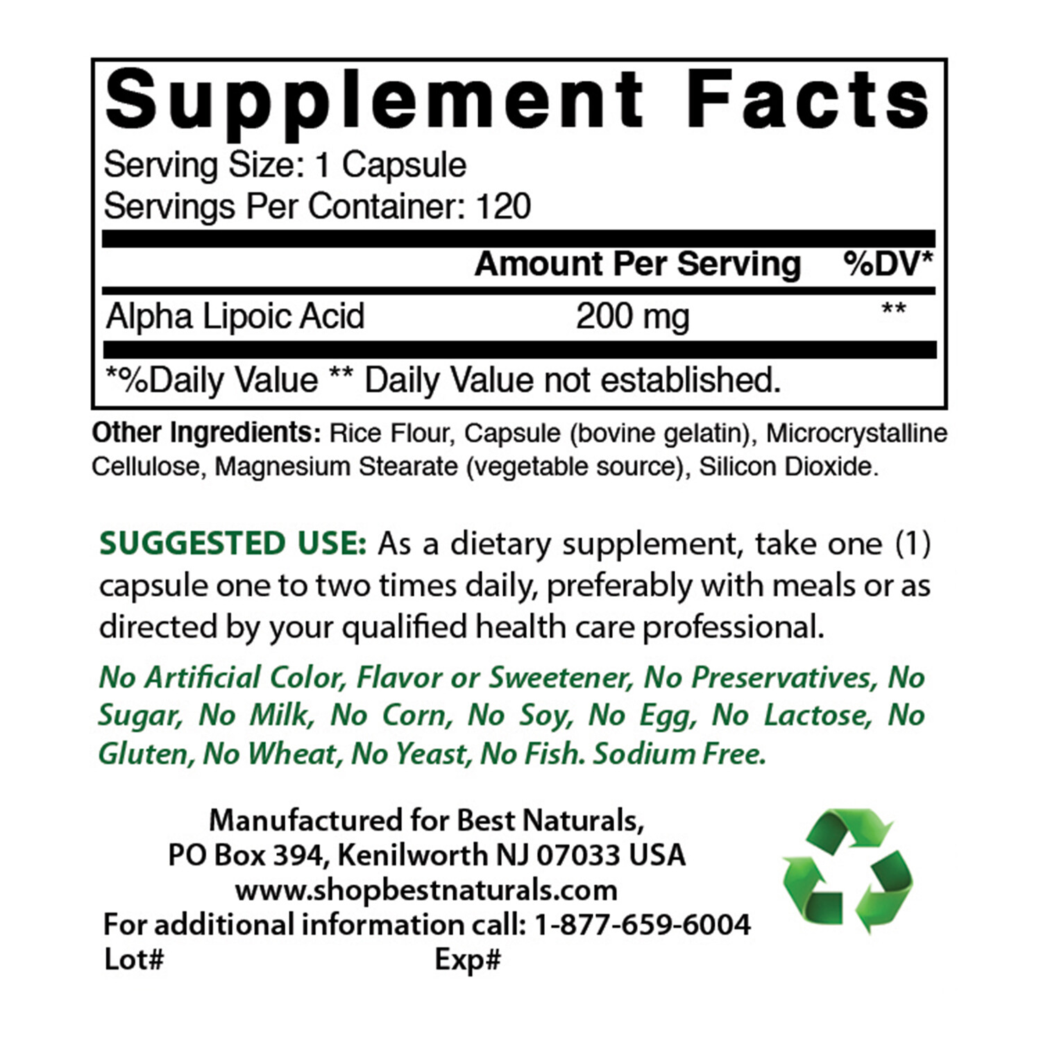Best Naturals alpha lipoic acid 200mg 120 Capsules antioxidants