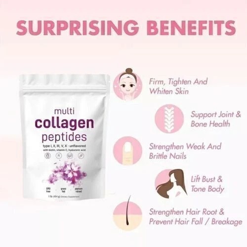 Multi Collagen Peptides Powder 1 lb Hydrolyzed Protein Peptide Type I-II,III,V,X