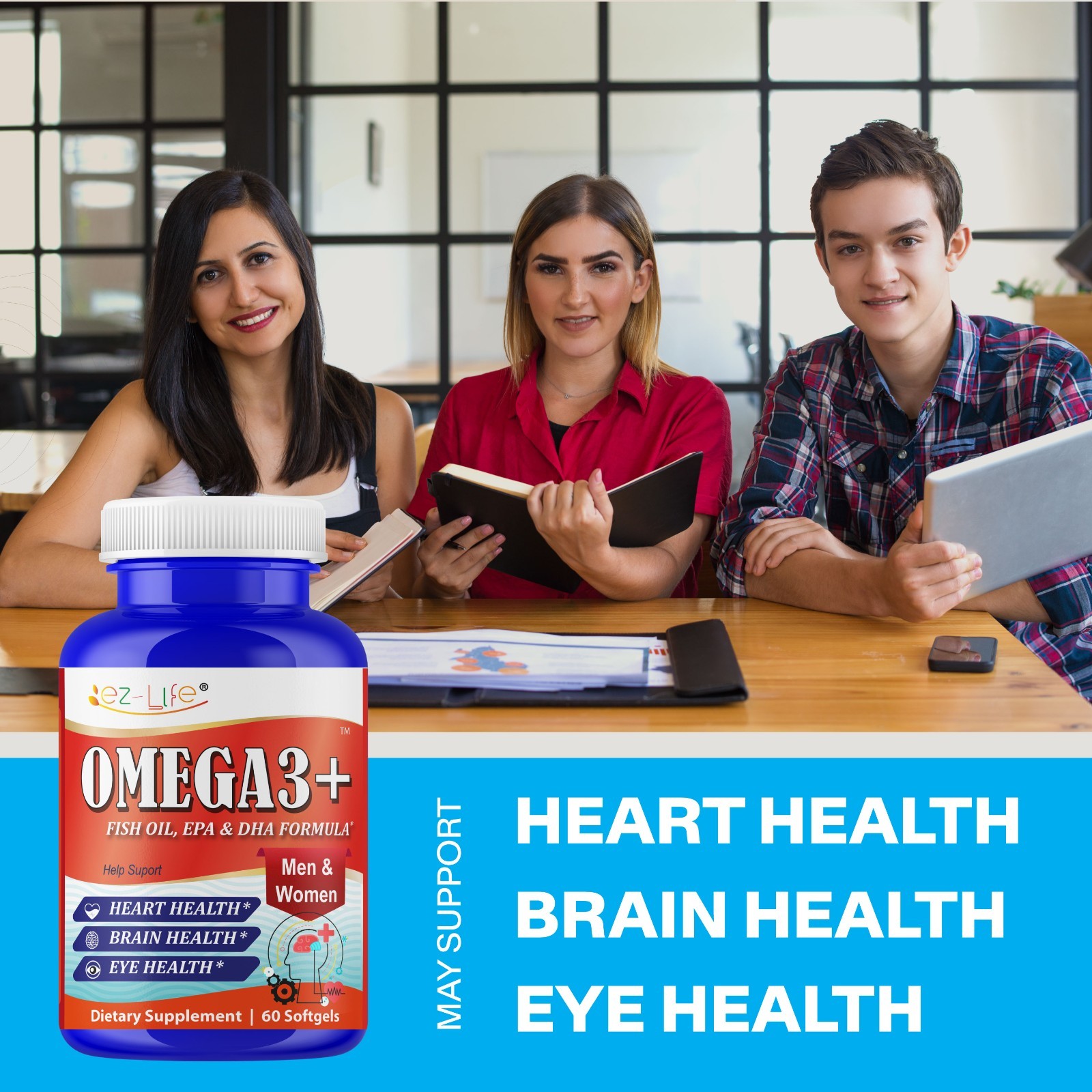 Fish Oil EPA DHA Omega 3 Supplement for Brain Heart Eye Support- 60 Softgels