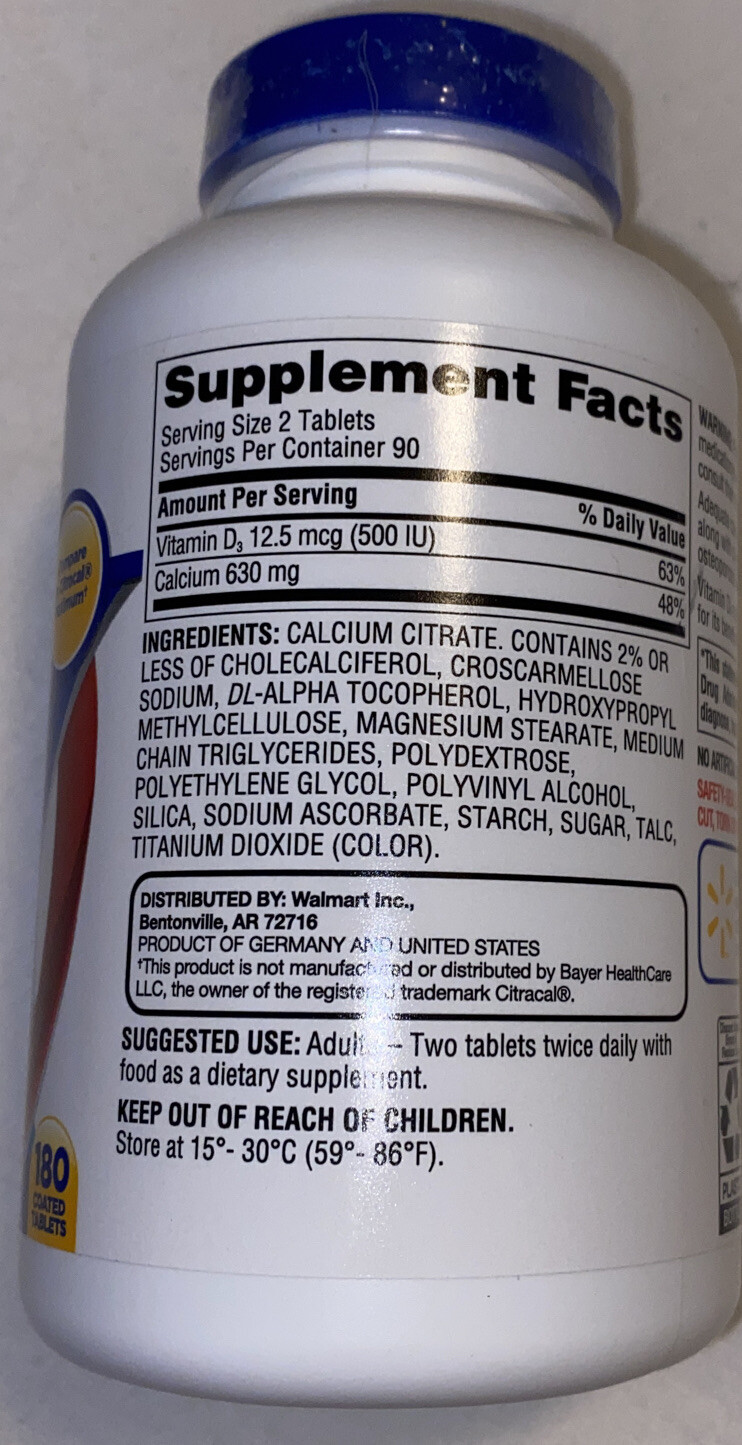Equate Calcium Citrate + D3 Coated Tablets, 180 Count Bone & Joint Health Bone.+