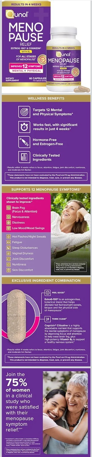 Qunol Menopause Support EstroG-100 + Cognizin w/ Vitamin B6 60 Capsule EXP 02/29