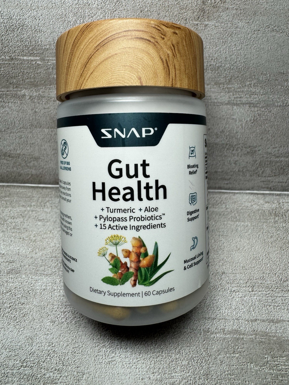 SNAP Gut Health Turmeric Aloe Probiotics Vegan 60 Capsules Exp 09/2027