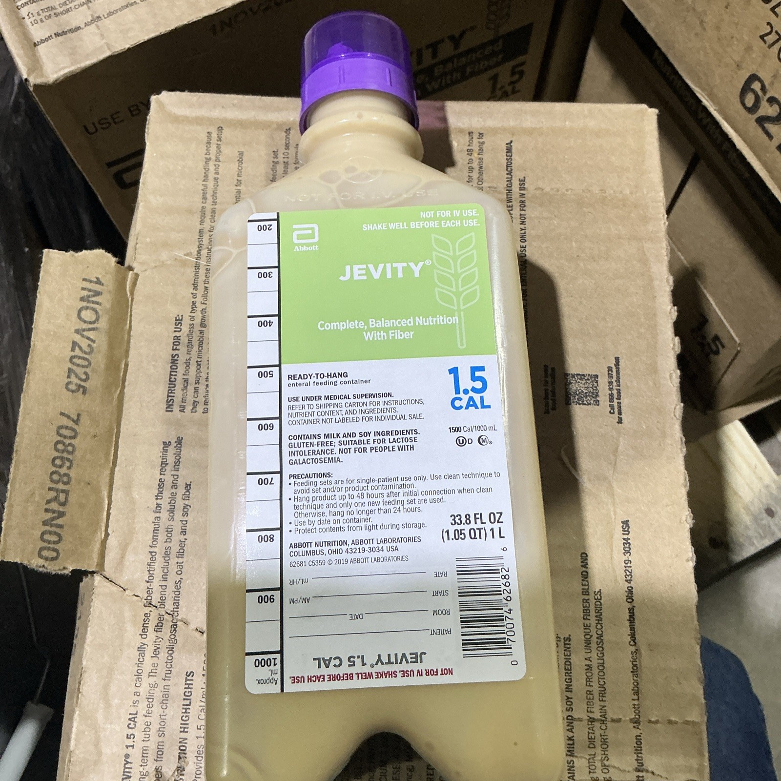 Case of 8 JEVITY 1.5 CAL 1000ML Ready-To-Hang, 62681, Exp 11-1-2025.