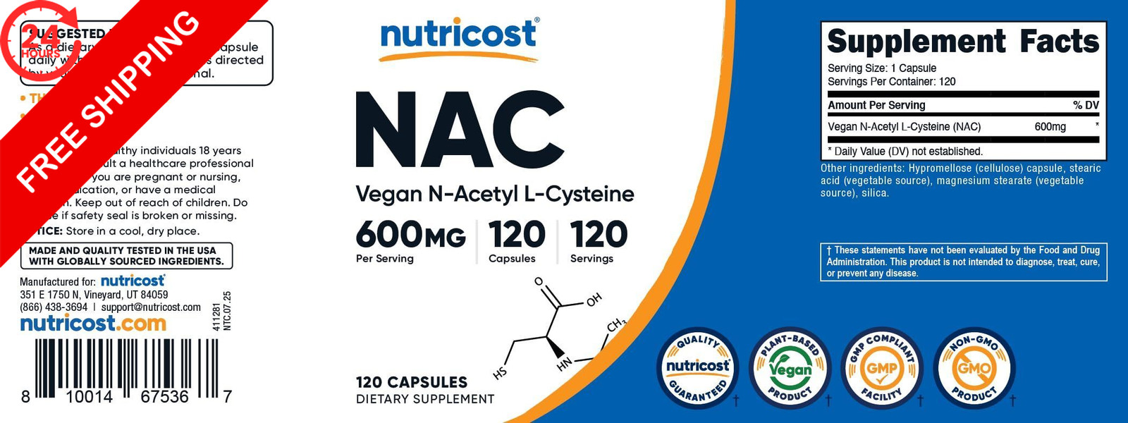 Nutricost N-Acetyl L-Cysteine (NAC) 600mg, 120 120 Count (Pack of 1), Red