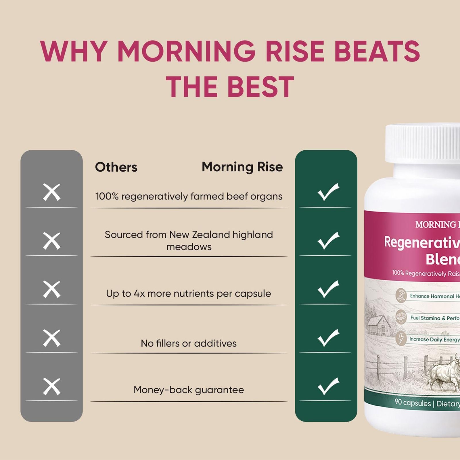 MORNING RISE Regeneratively Raised Beef Organs Capsules, Grass Fed & Pasture Rai