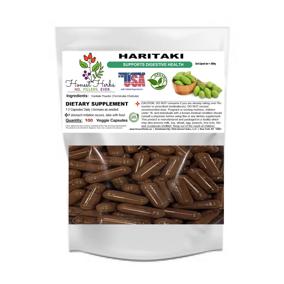 Herbal Haritaki Capsules- Fruit Powder – Veggie Cap – 500mg