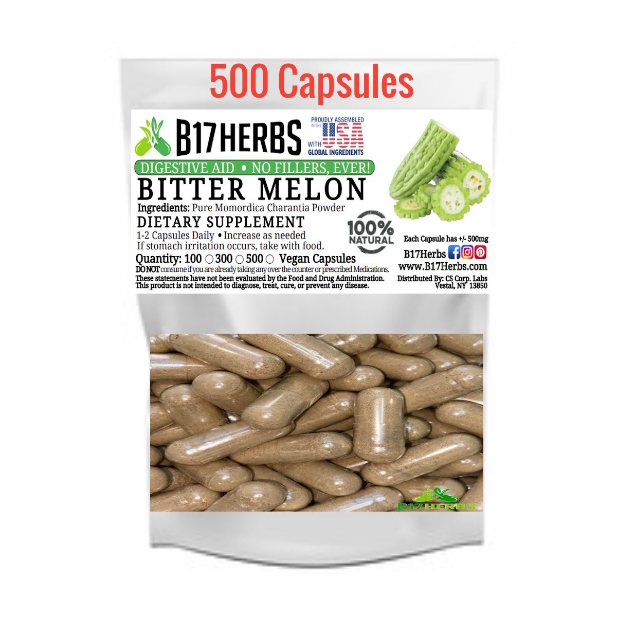 Bitter Melon -Bld Regulation, Vitamin C, Antioxidants, Energy 500mg 500 Veg Caps