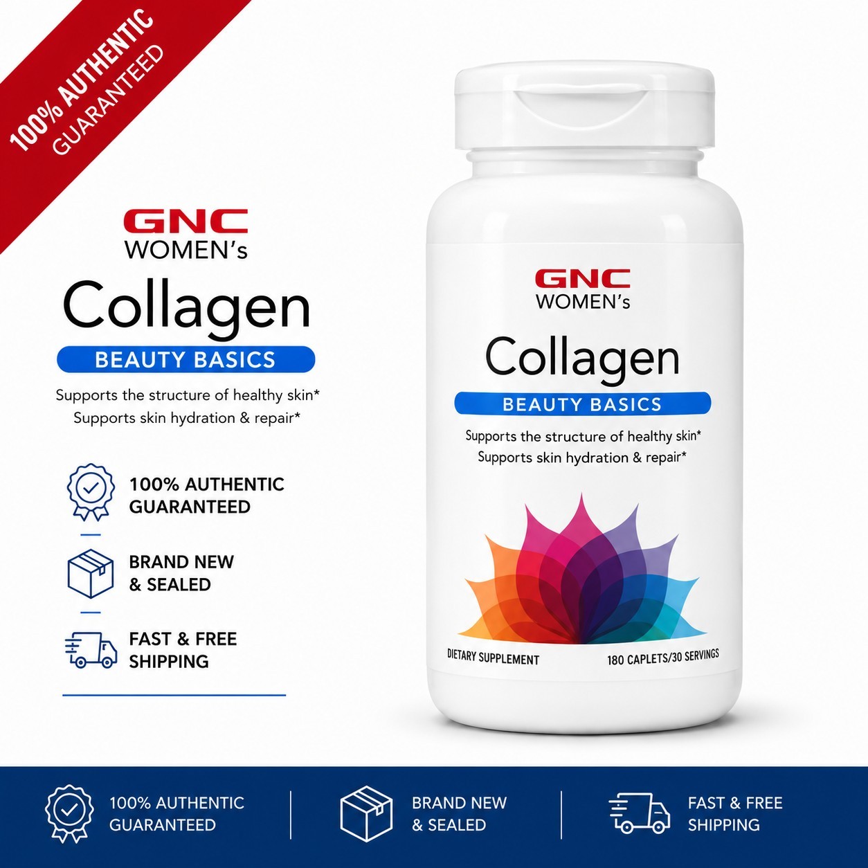 GNC Women’s Collagen Beauty Basics 180 Caplets (30 Servings) New Sealed