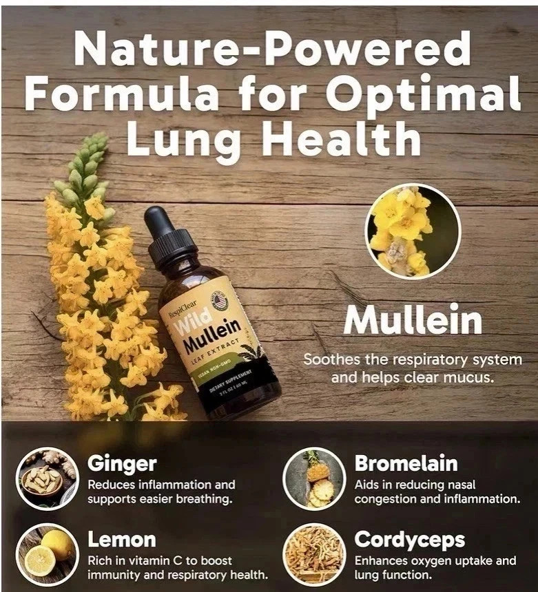 RespiClear Wild Mullein Leaf Extract Liquid Drops Vegan Non-GMO Lemon 2 fl oz