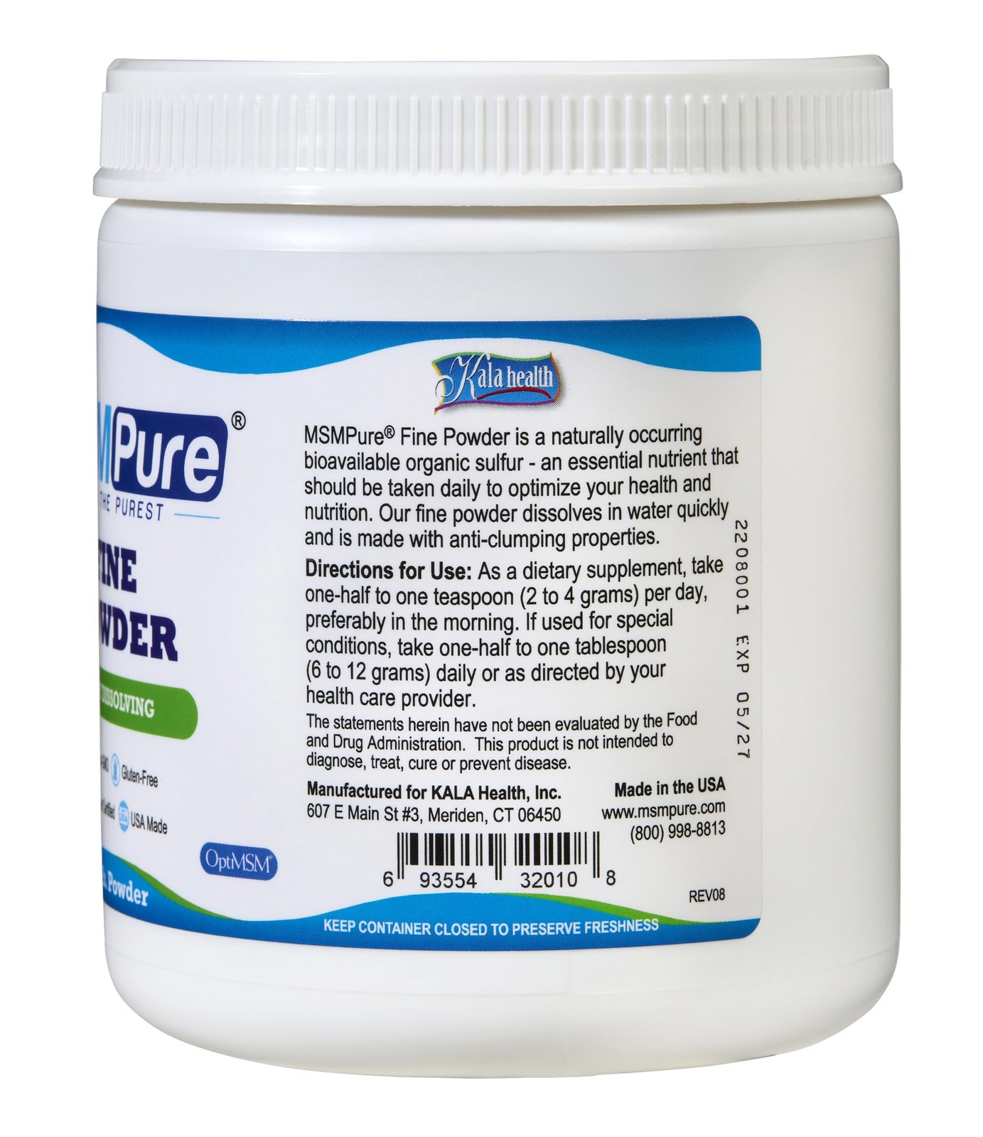 Kala Health MSMPure Fine Powder, 1 lb, Fast Dissolving Organic Sulfur Crystals,