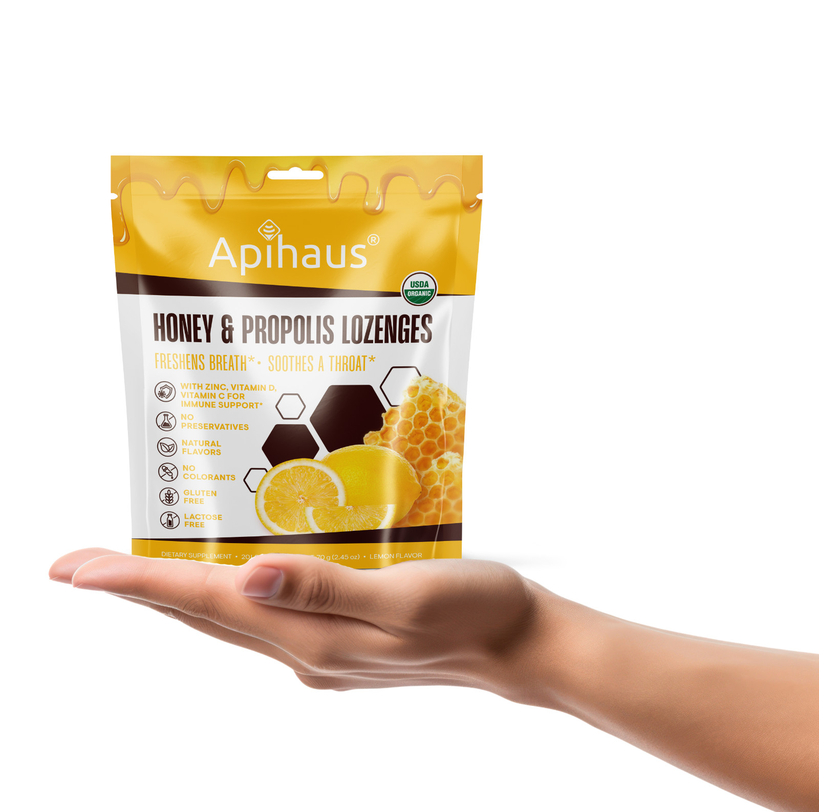 Honey and Propolis Lozenges by Apihaus 20 pcs Lemon Flavor