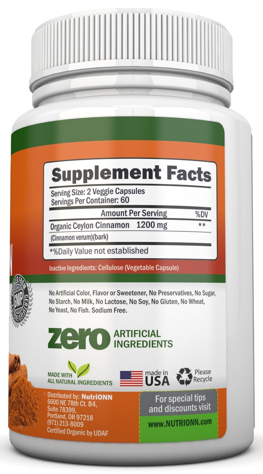 Organic Ceylon Cinnamon – 1200mg – 120 Capsules-True Cinnamon, Great Antioxidant