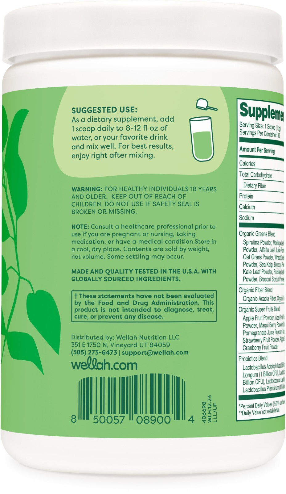 Wellah Leaf, Laugh, Love Daily Greens & Superfoods Powder (Unflavored) 30 Serv.