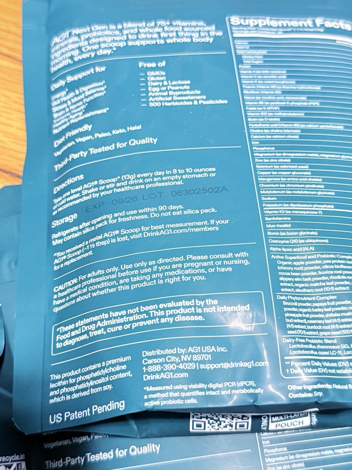 AG1 Next Gen Foundational Nutrition Powder Unflavored 13.8 oz NSF Sport 09/26