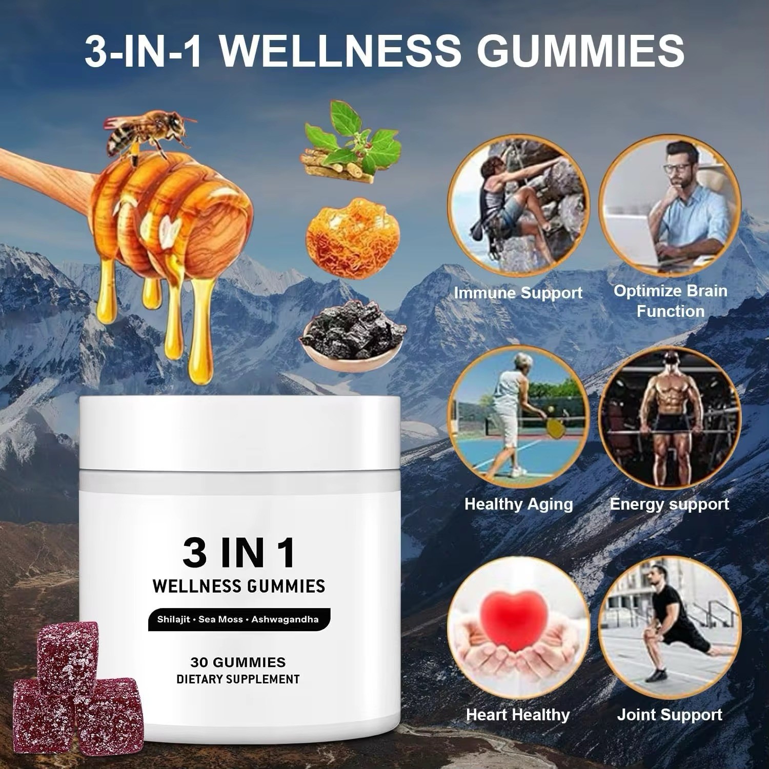 Solilan 3-in-1 Wellness Gummies Shilajit Sea Moss Ashwagandha 30 Count