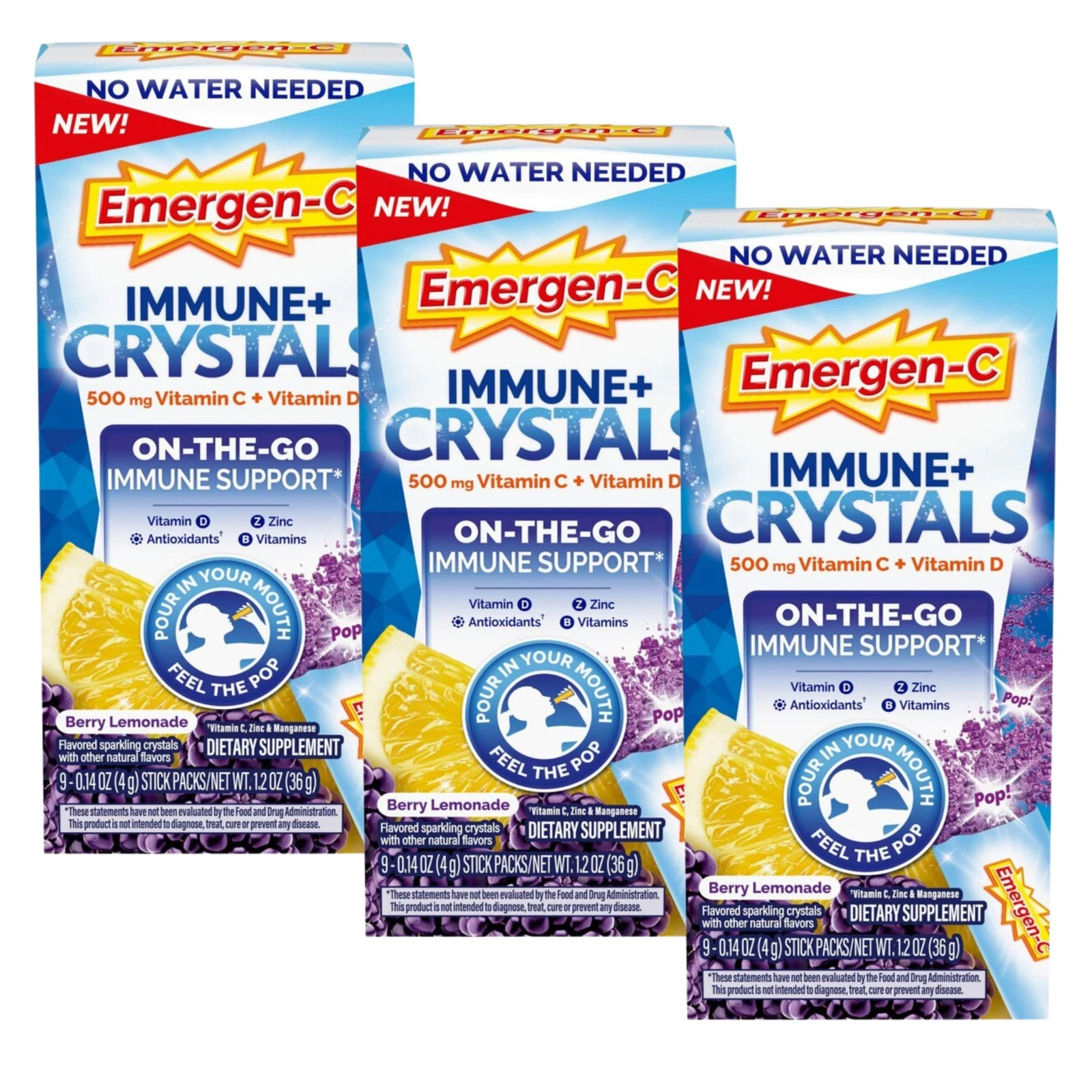 THREE Emergen-C Immune+ Crystals On-The-Go 500mg Berry Lemonade 9 Each EXP 8/27