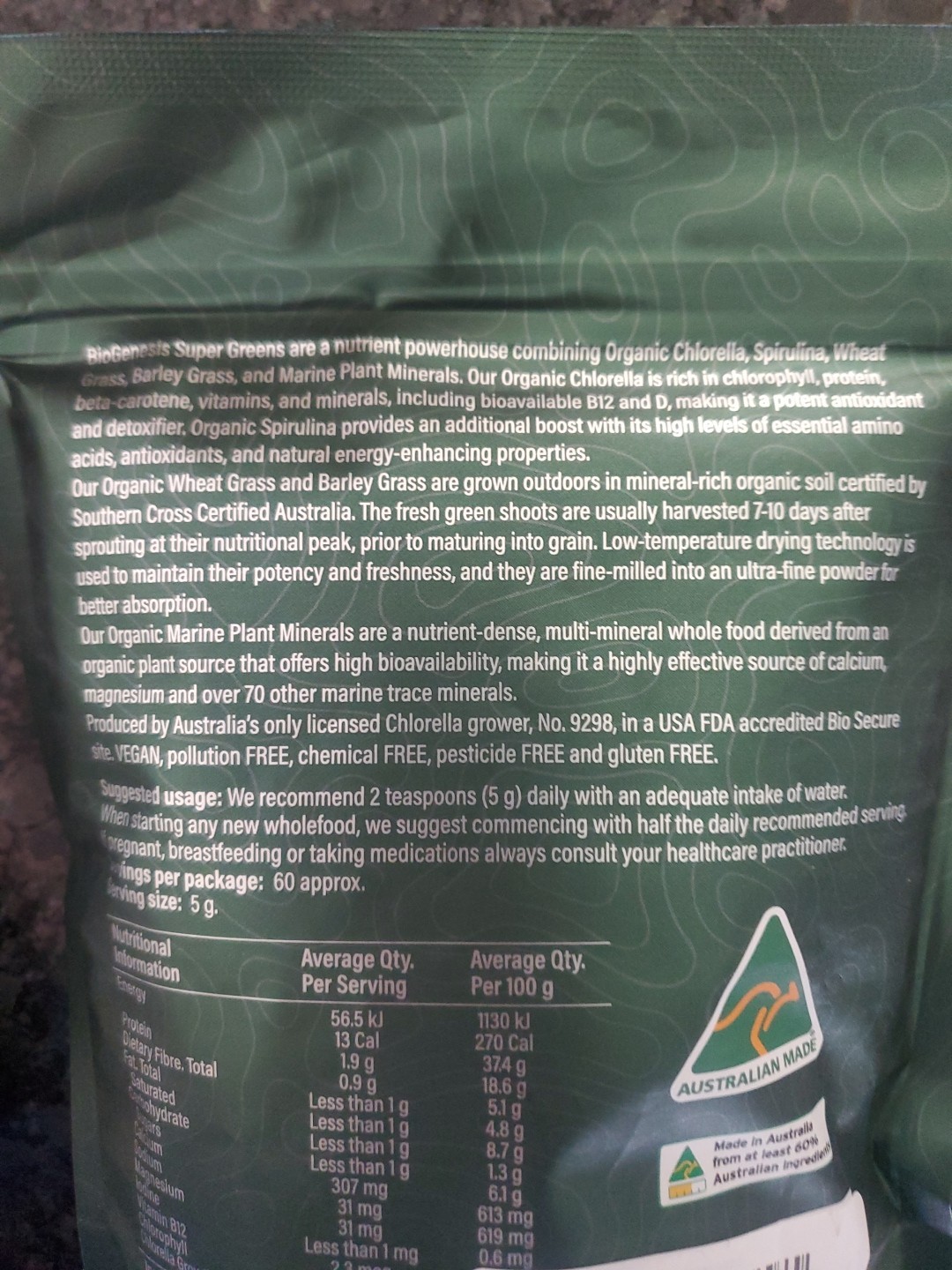 2 Bags Australian Organic Super Greens + Vegan Powder-60 servings/bag Biogenesis