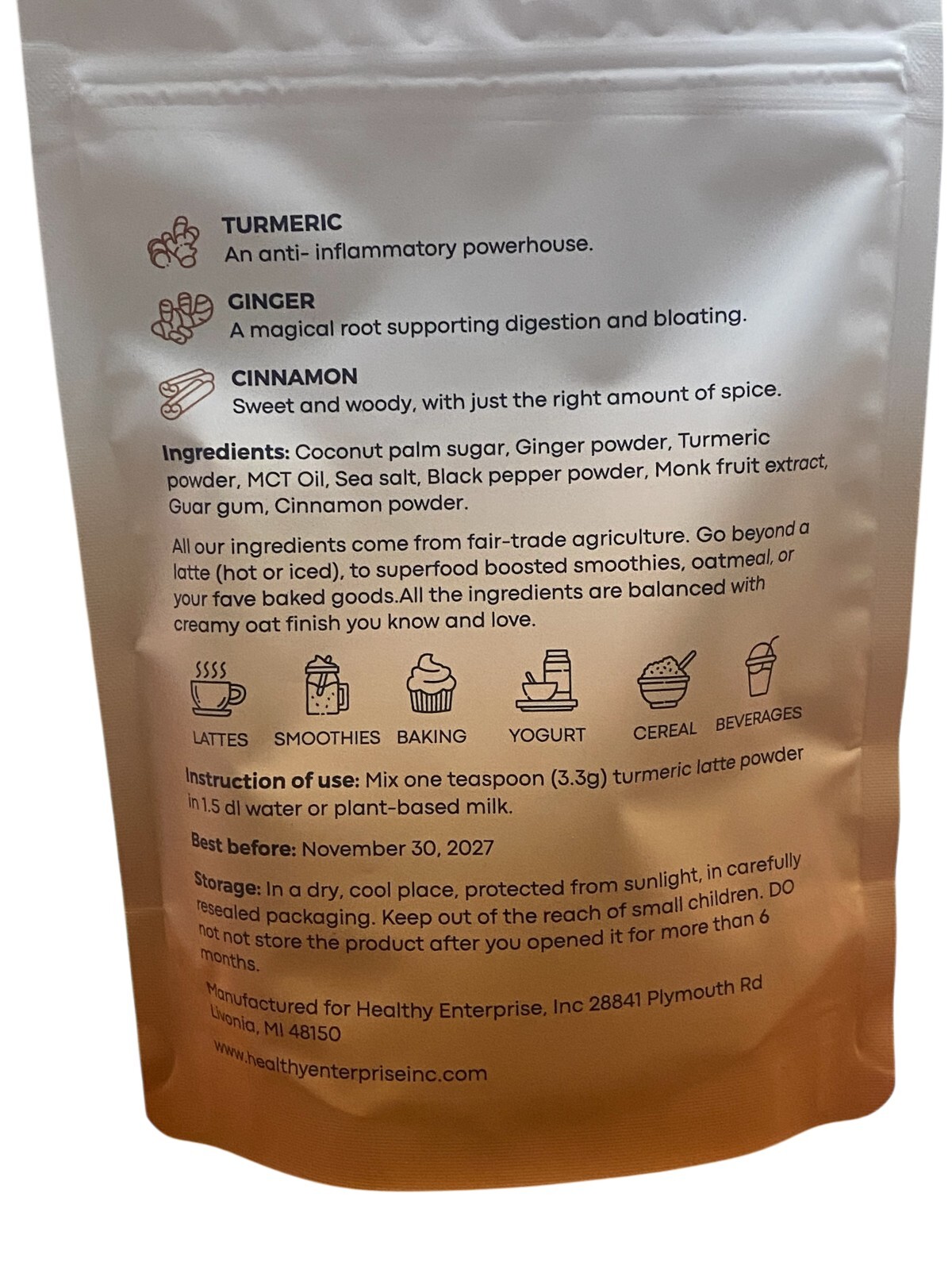 Organic Turmeric Latte Turmeric Ginger Cinnamon Black Pepper Coconut Milk 100g
