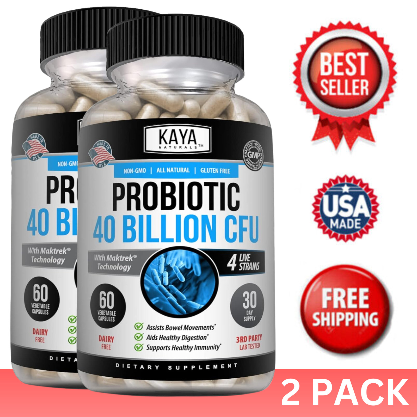 (2 Pack) Probiotics 40 Billion CFU 60ct Digestive Health Immune Support Bloating