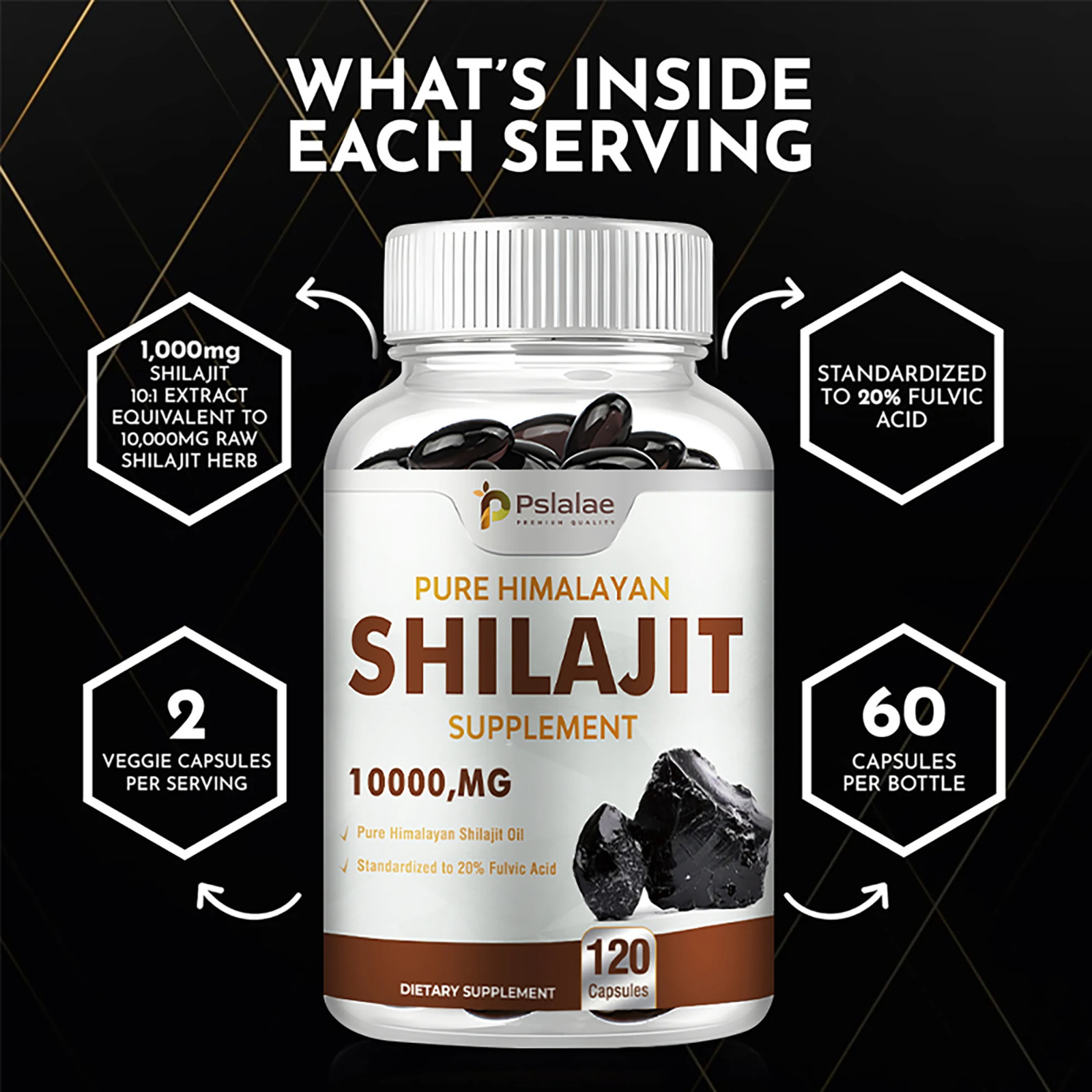 Shilajit Supplements – Enhance Nutrient Absorption & Relieve Stress – 120 ct