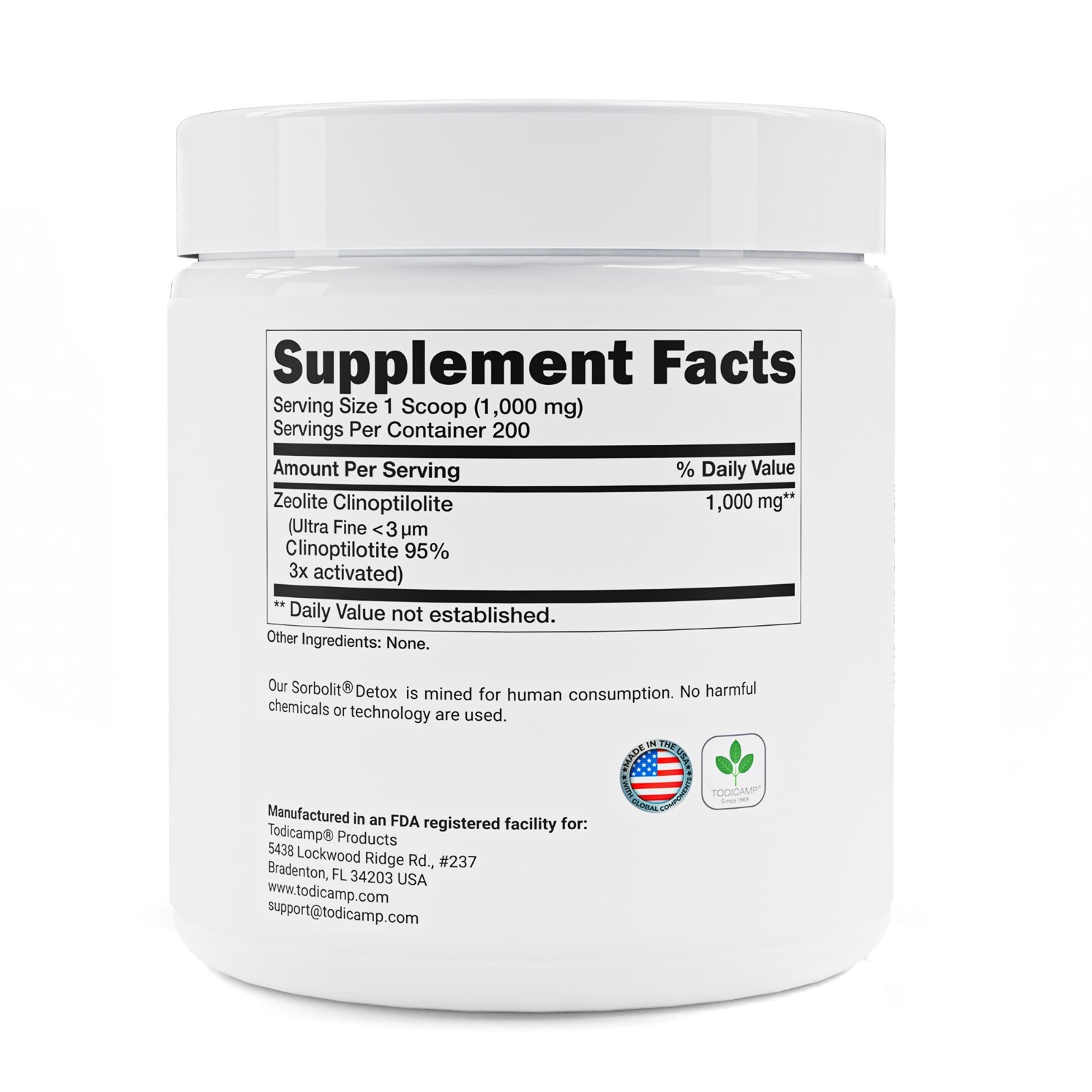 Zeolite Clinoptilolite Powder by TODICAMP® – Ultra FINE 1-2 µm – 200 Days Supply