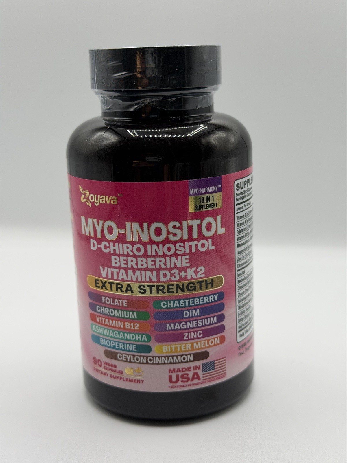 Zoyava Myo-Inositol D-Chiro Inositol Berberine D3+K2 90 Caps Exp 03/2027