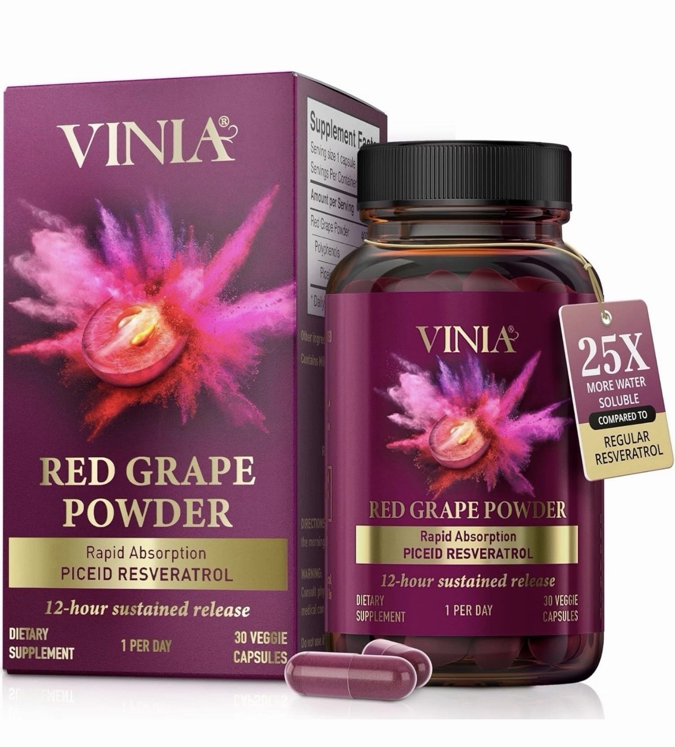 VINIA Red Grape Powder 12-Hour Piceid Resveratrol Supplement, 30 Veggie Caps