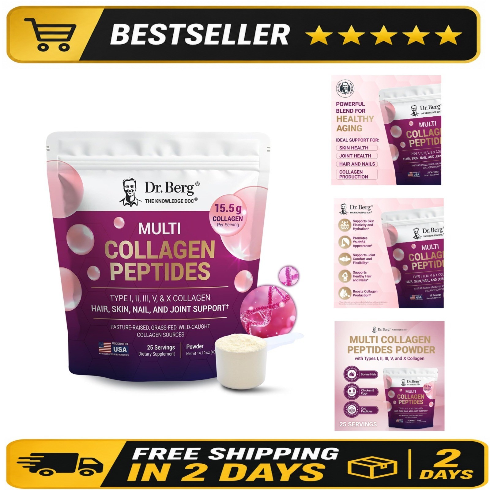 Dr. Berg Multi Collagen Peptides Powder Types I II III V X 25 Servings