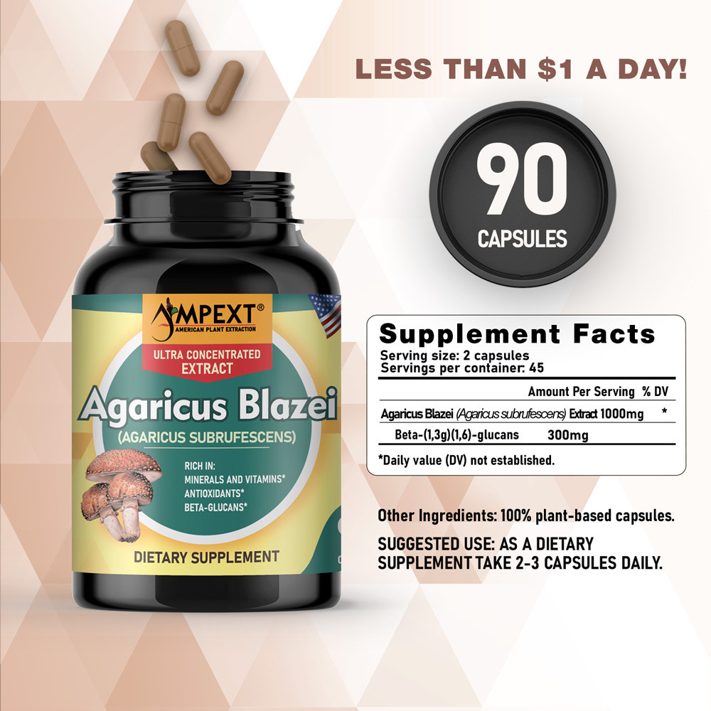 Agaricus Blazei Extract – only Fruiting Bodies, over 30% Beta-Glucans, 90 caps