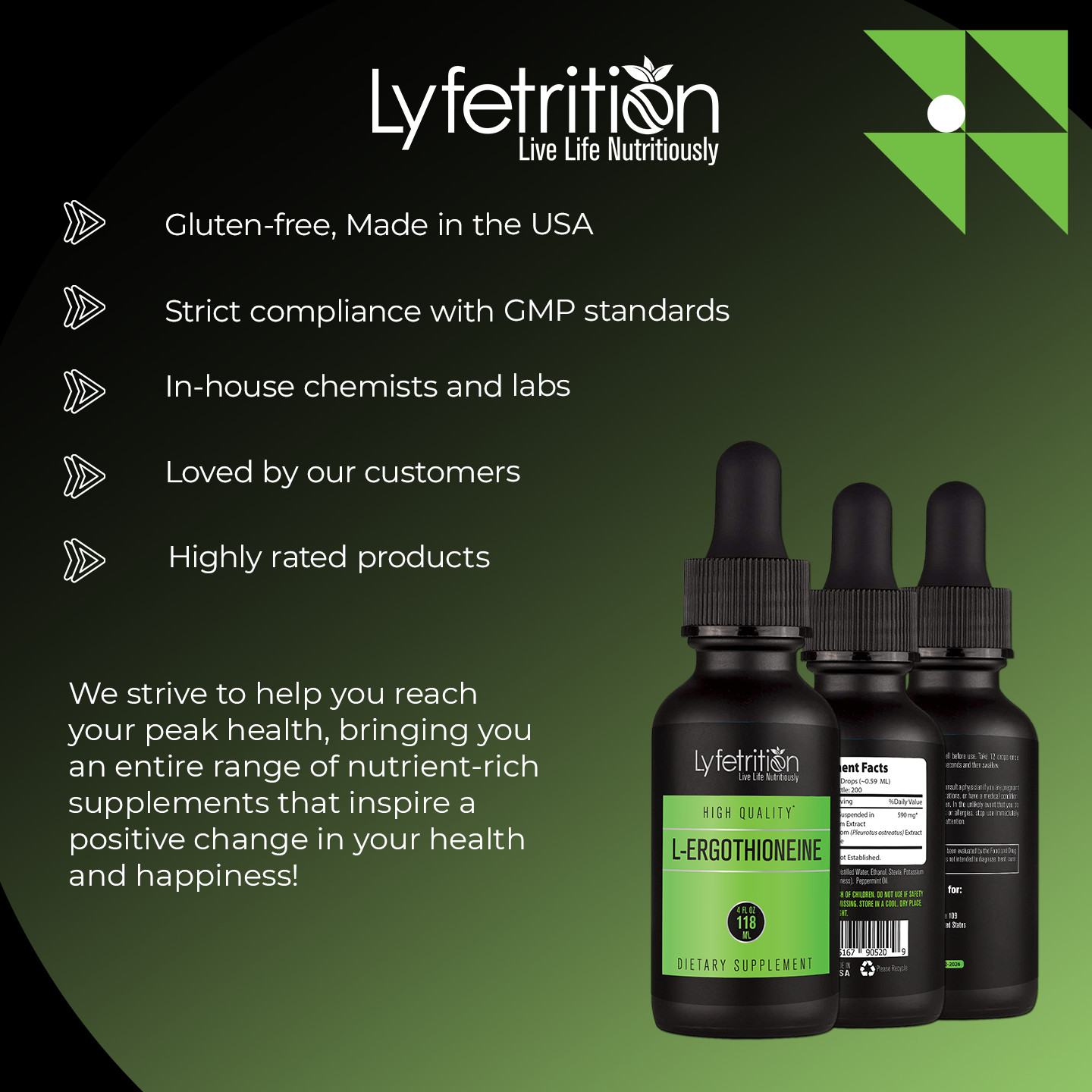 L-Ergothioneine Liquid Supplement 540 mg, 4 Oz Liquid,220 Servings,Made in USA
