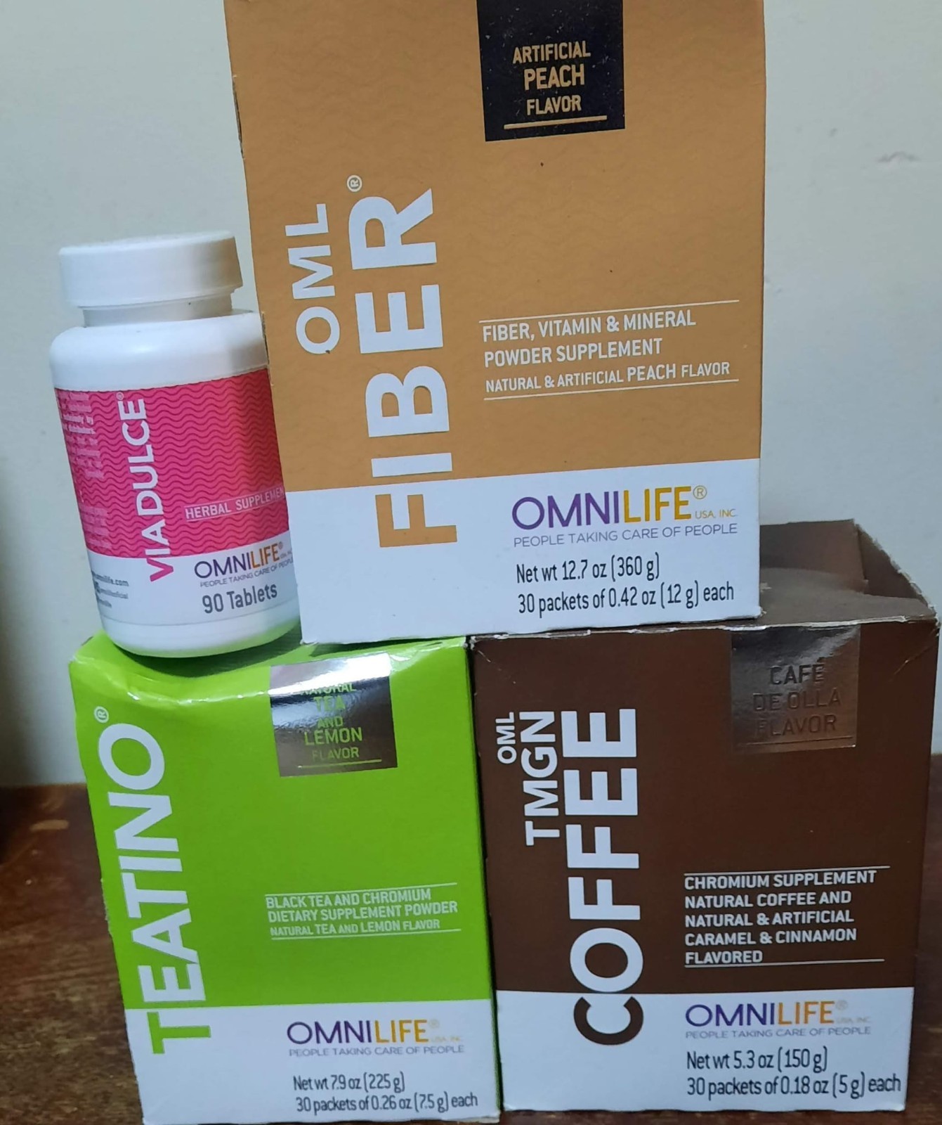 Omnilife Fiber Peach, Coffee Cafe de Olla, Teatino Lemon, Viadulce Tablets