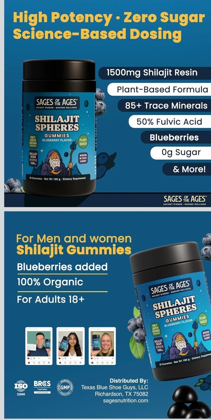 Shilajit 1500mg Blueberry Plant Based Gummies 60 Ct by Sages of the Ages