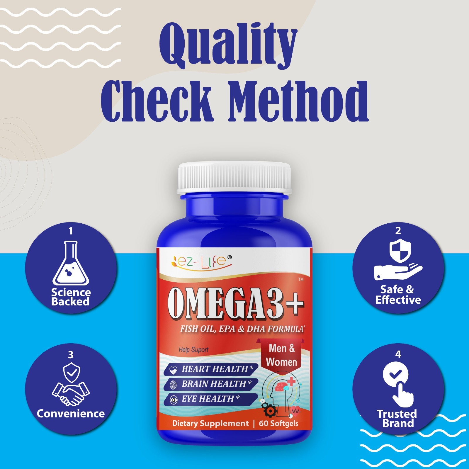 Fish Oil EPA DHA Omega 3 Supplement for Brain Heart Eye Support- 60 Softgels