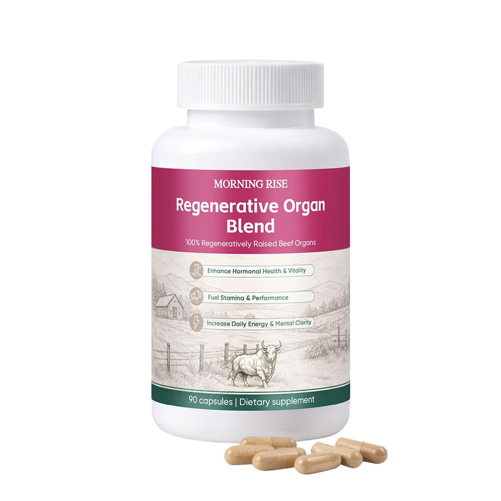 MORNING RISE Regeneratively Raised Beef Organs Capsules, Grass Fed & Pasture Rai
