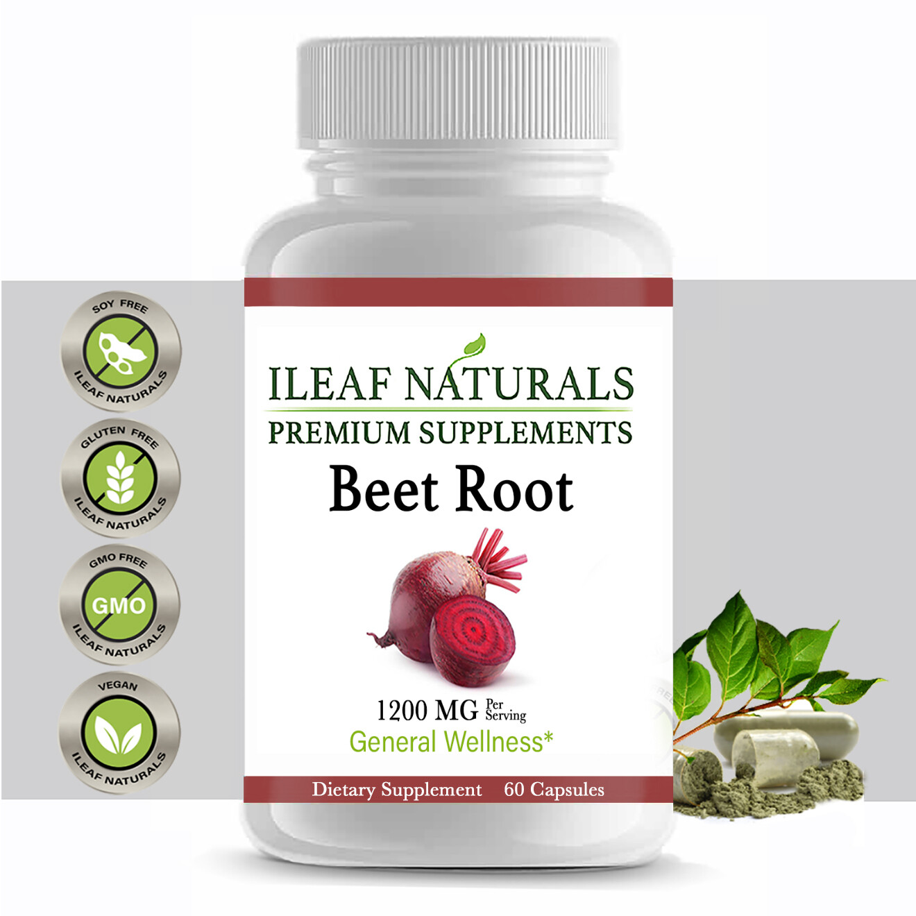 iLeafNaturals Beet Root Organic Whole-Food Powder – 1200 MG Veggie Capsules
