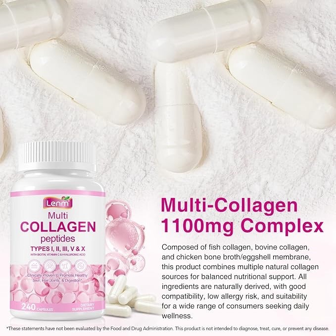 Lenm Multi Collagen Peptides Types I II III V X + Biotin Vit C 240 Caps