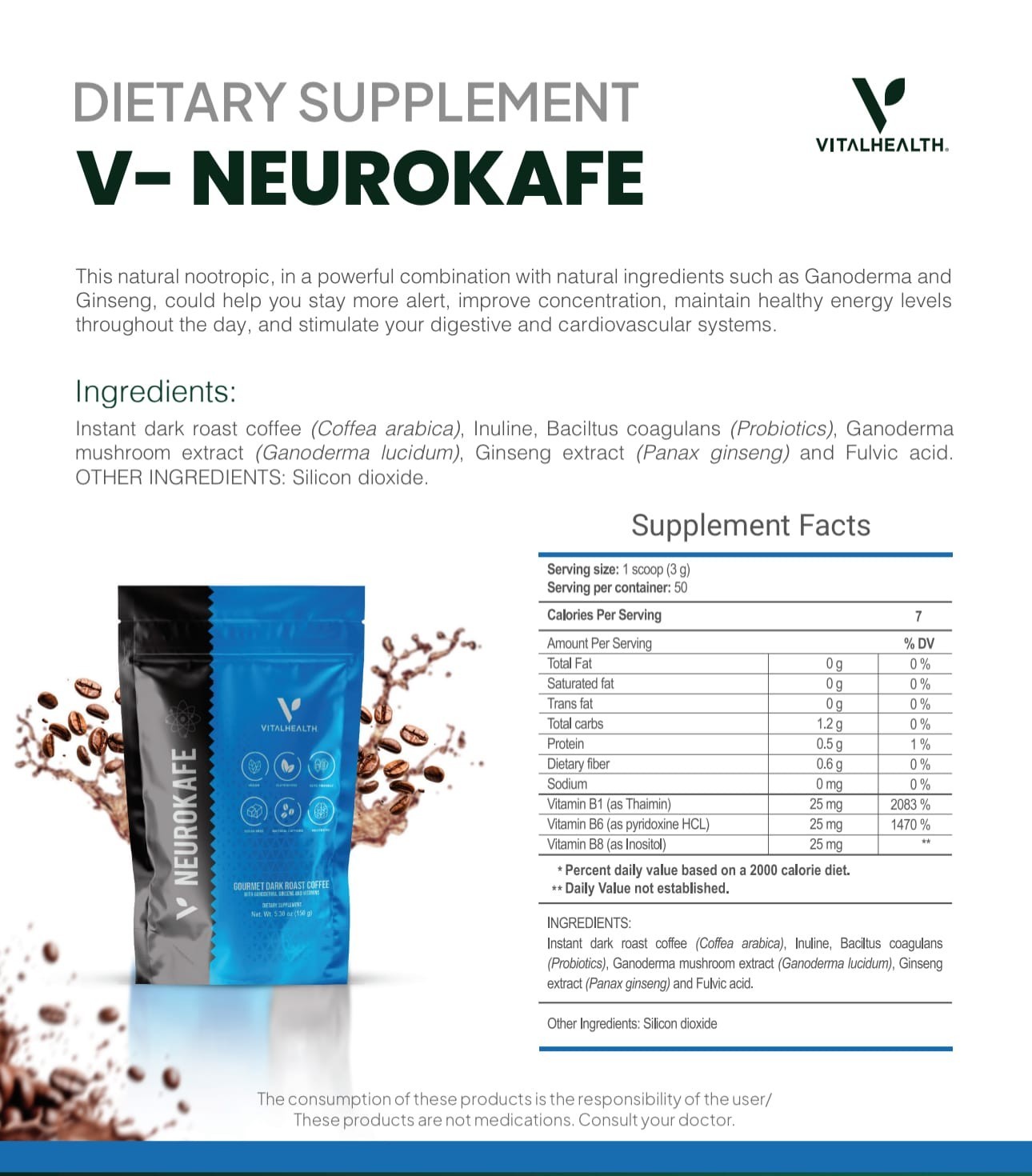 V-Neurokafe Premium Coffee Vegan Keto Friendly Ginseng, Nootropic Blend, 150g