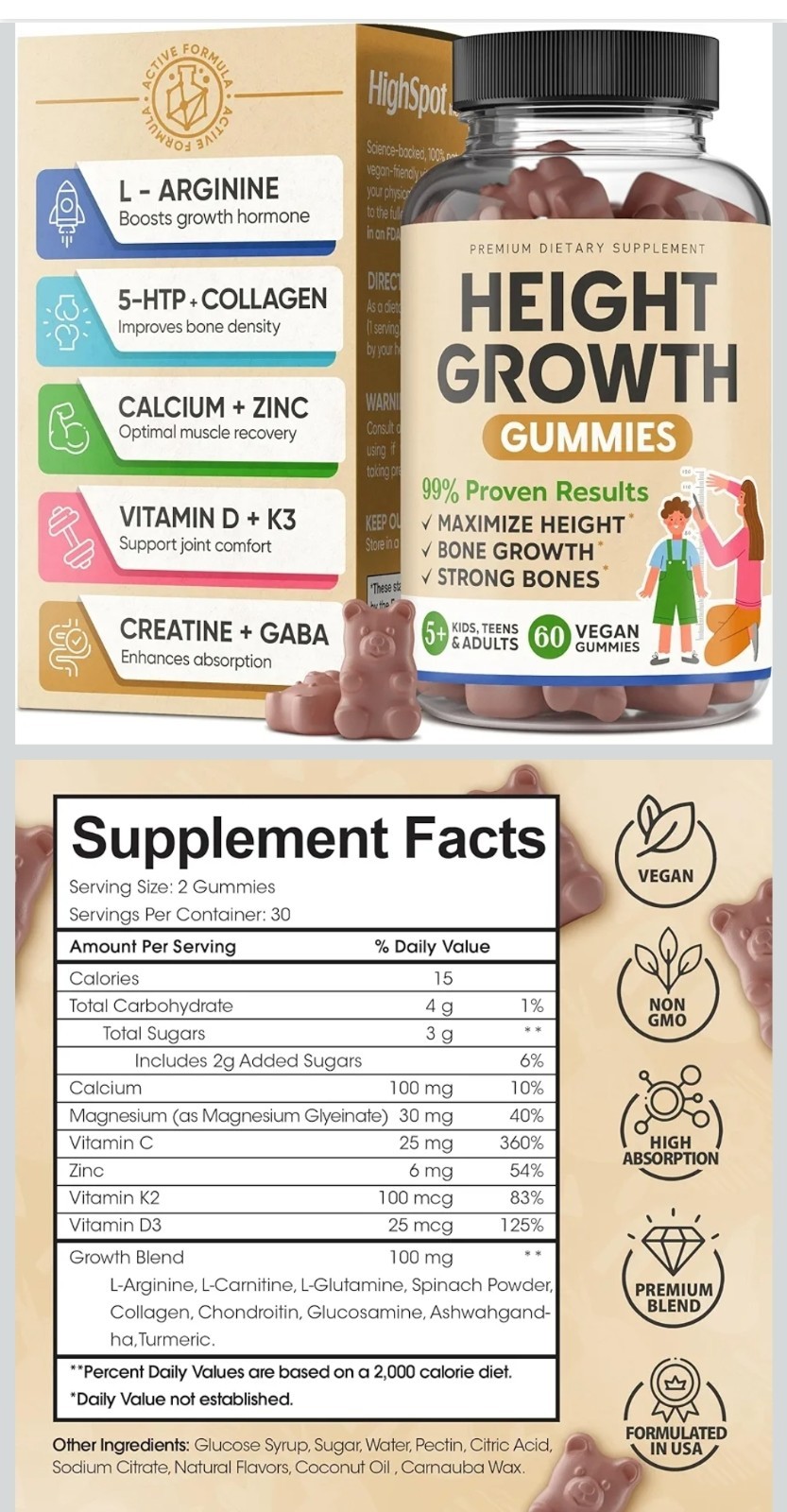 Height Growth Support Vegan Non-GMO 60 Gummies Exp 01/27 by HighSpot