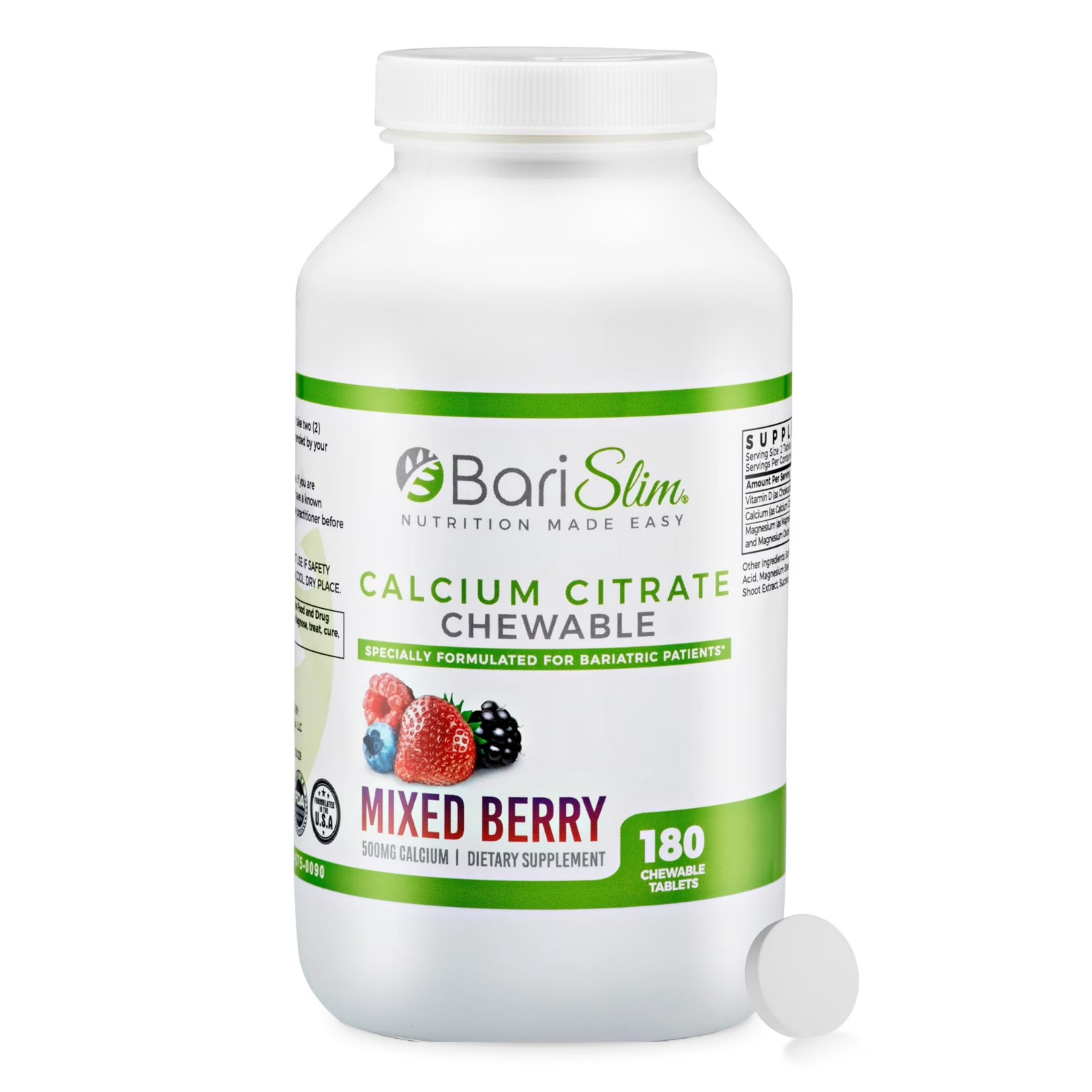 BariSlim Calcium Citrate Chewable Tablet Dietary Supplement, Mixed Berry – 180ct