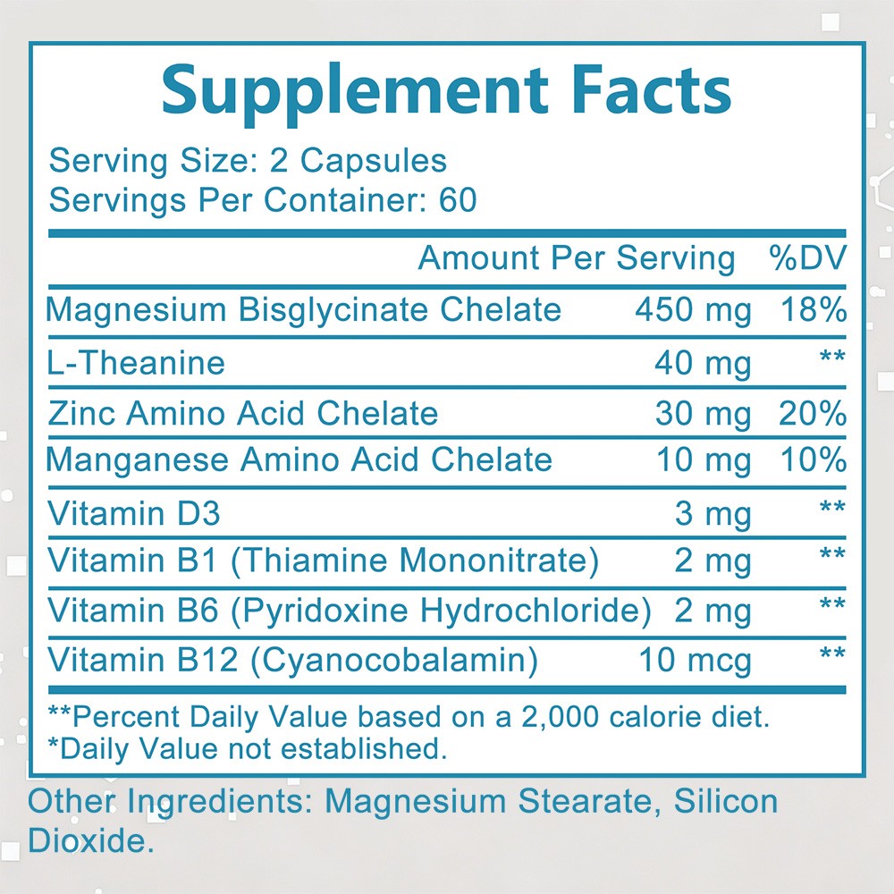 450mg Magnesium Bisglycinate with L-Theanine for Muscle&Heart Wellness 30~120Cap
