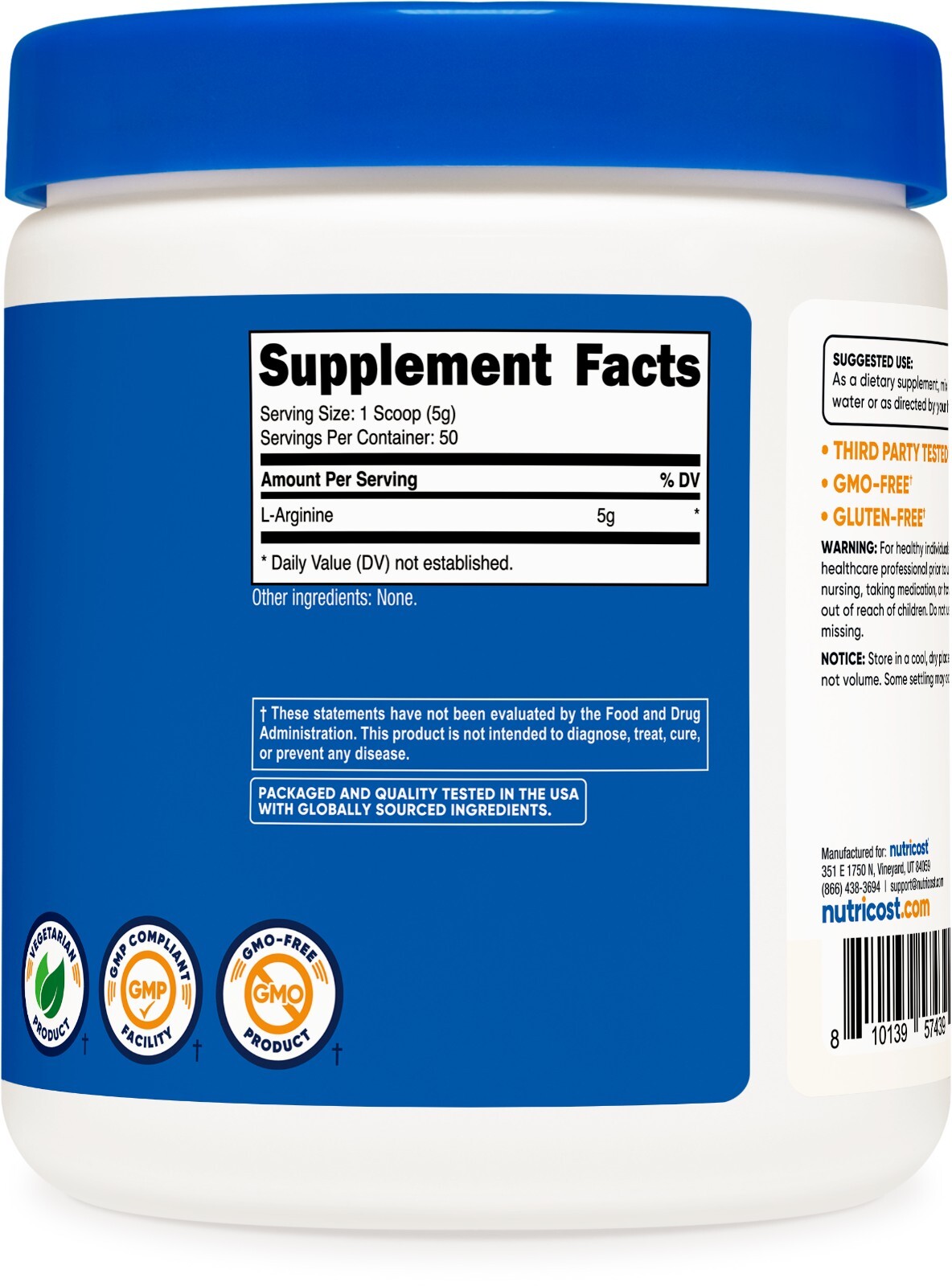 Nutricost L-Arginine (250 Grams) – Pure L-Arginine Powder – 5000mg Per Serving